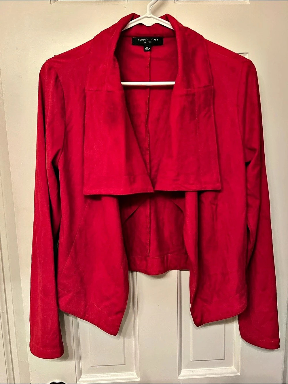 Romeo & Juliet Couture Faux Suede Drape Open Front Jacket Bright Red Medium